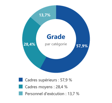 Cadres supérieurs : 57,9 % ; cadres moyens : 28,4 % ; personnel d'exécution : 13,7 %
